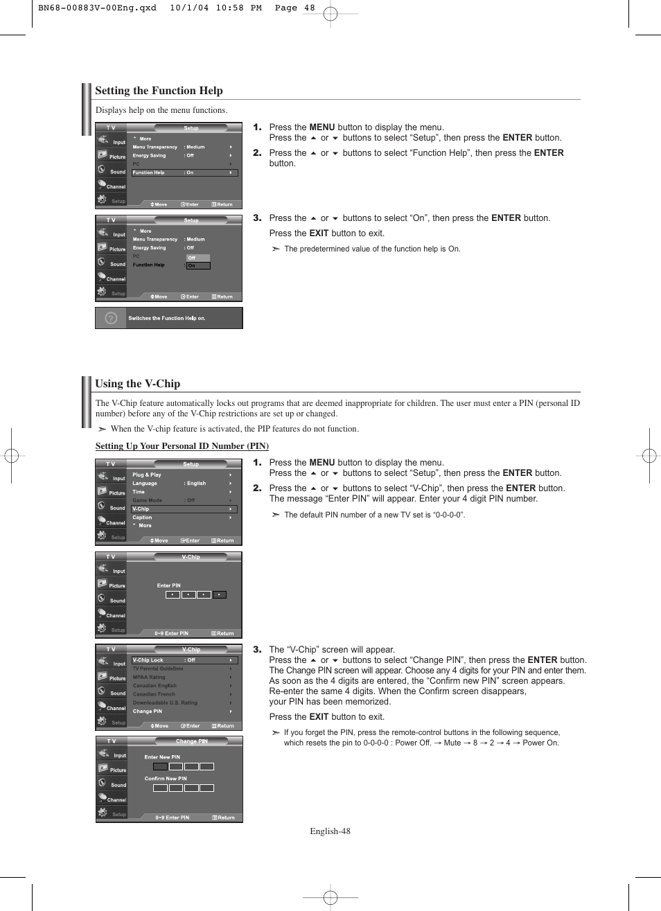 Setting the function help, Using the v-chip | Samsung LNS3238DX-XAA User Manual | Page 50 / 182