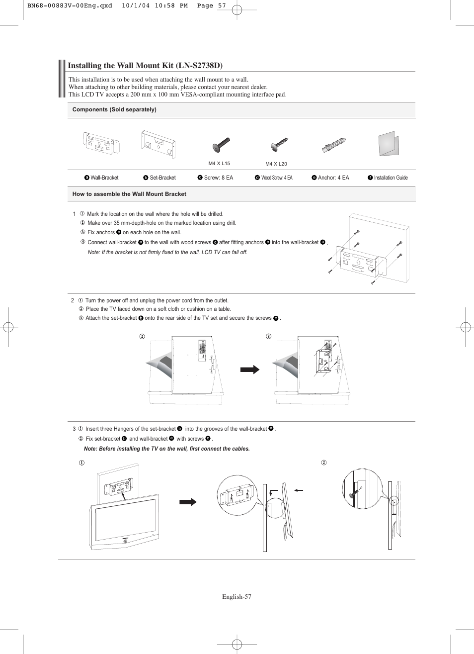 Installing the wall mount kit (ln-s2738d) | Samsung LNS3238DX-XAA User Manual | Page 59 / 182