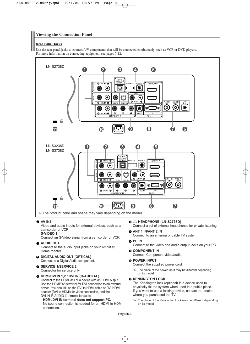 Viewing the connection panel | Samsung LNS3238DX-XAA User Manual | Page 6 / 182