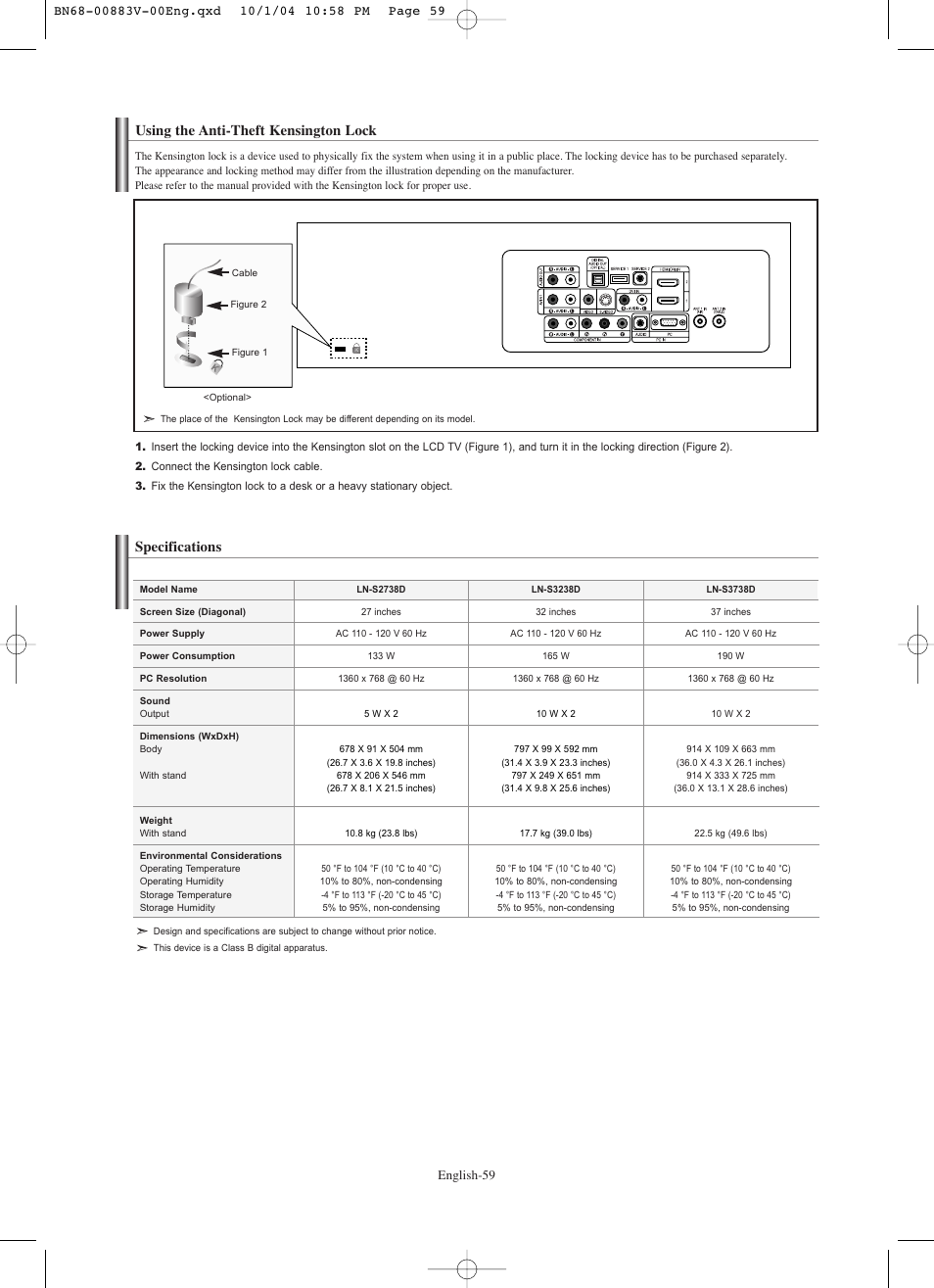 Using the anti-theft kensington lock, Specifications | Samsung LNS3238DX-XAA User Manual | Page 61 / 182