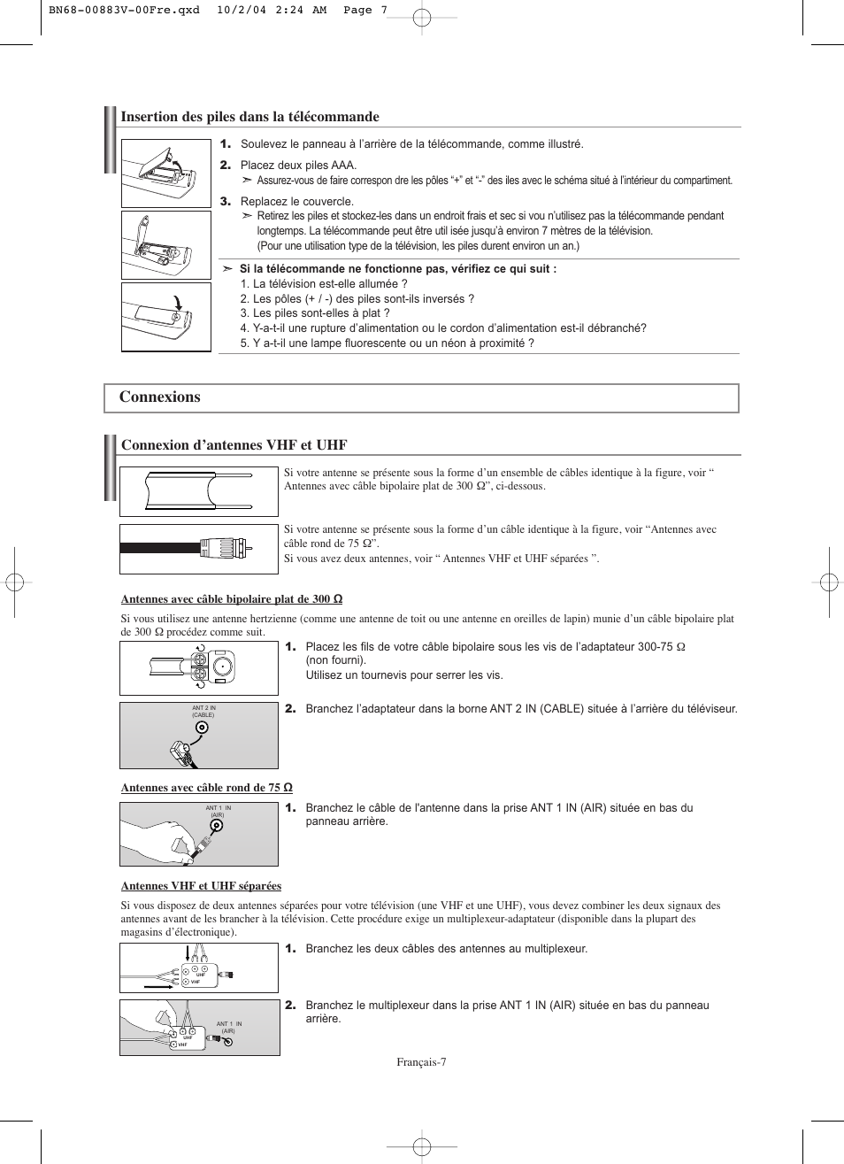 Connexions, Connexion d’antennes vhf et uhf, Insertion des piles dans la télécommande | Samsung LNS3238DX-XAA User Manual | Page 69 / 182