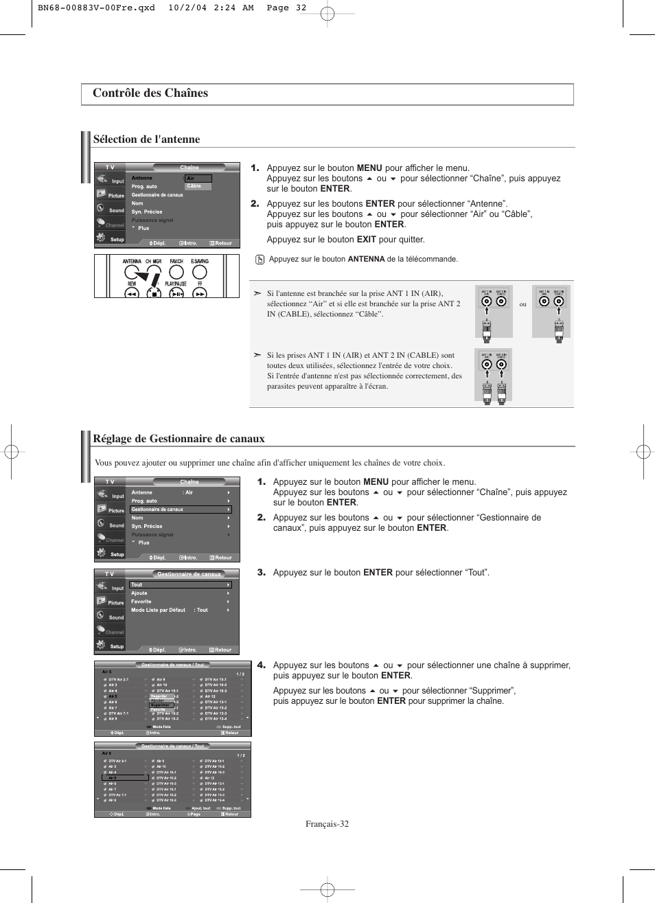 Contrôle des chaînes | Samsung LNS3238DX-XAA User Manual | Page 94 / 182