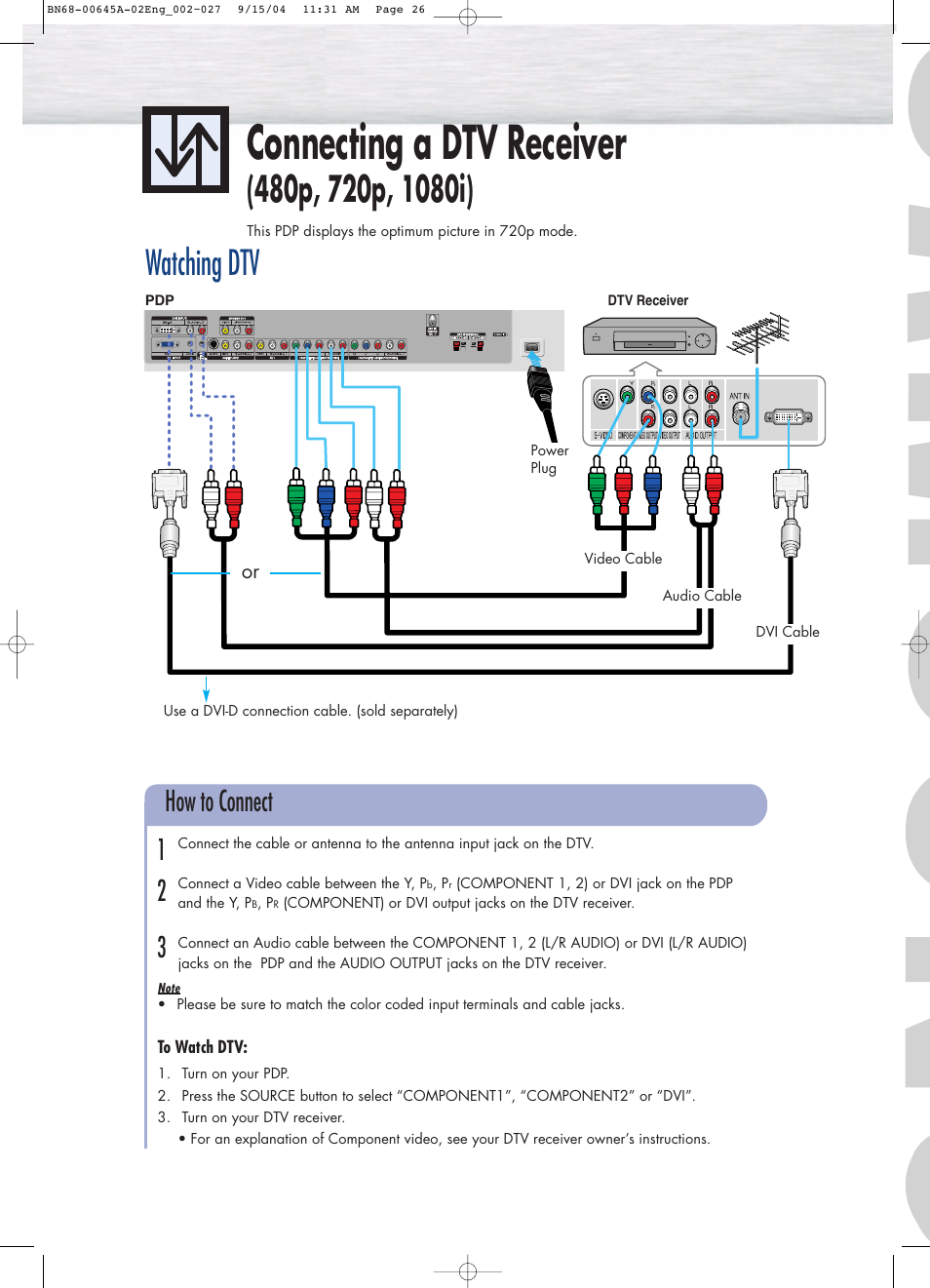 Connecting a dtv receiver, Watching dtv, How to connect 1 2 3 | Samsung HPP5071X-XAC User Manual | Page 6 / 6