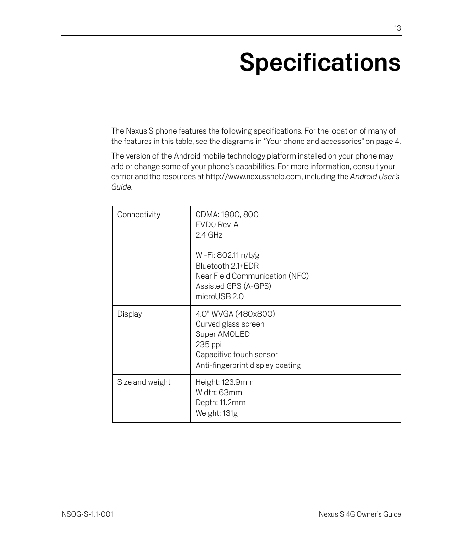 Specifications, Specifications 13 | Samsung SPH-D720ZKASPR User Manual | Page 13 / 14