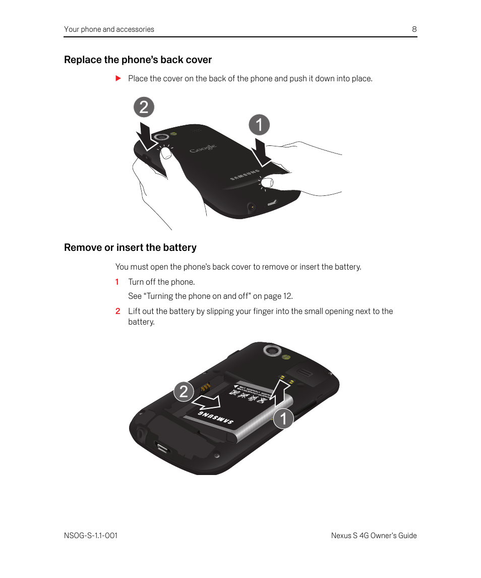 Replace the phone’s back cover, Remove or insert the battery, 1 turn off the phone | Samsung SPH-D720ZKASPR User Manual | Page 8 / 14