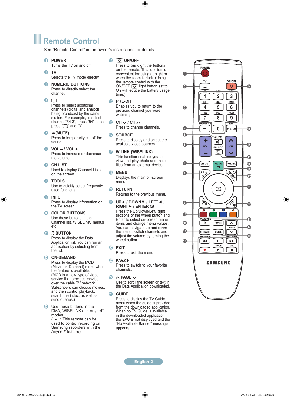 Remote control | Samsung LN32A620A1FXZA User Manual | Page 2 / 12