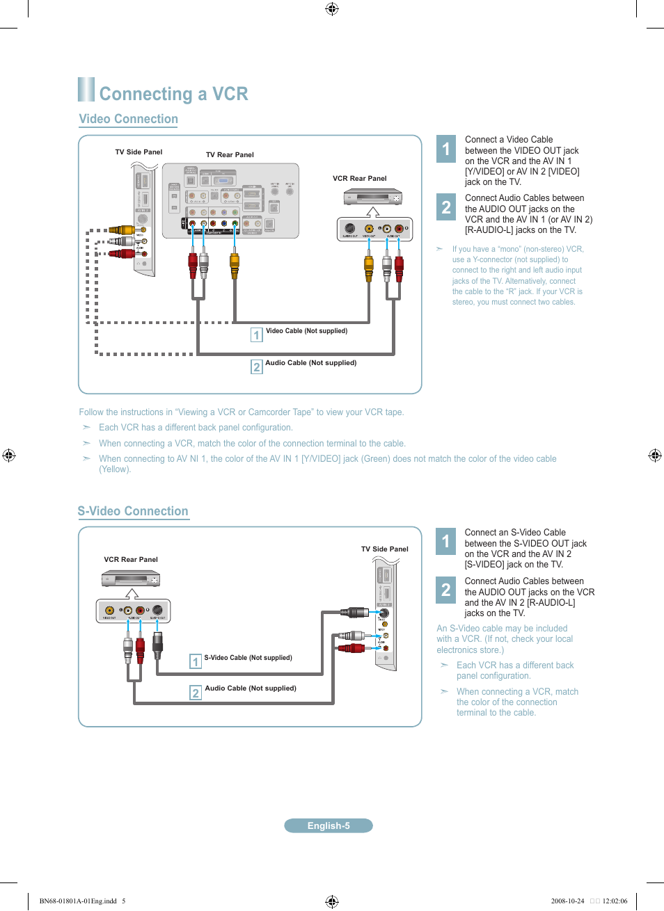 Connecting a vcr, Video connection s-video connection | Samsung LN32A620A1FXZA User Manual | Page 5 / 12