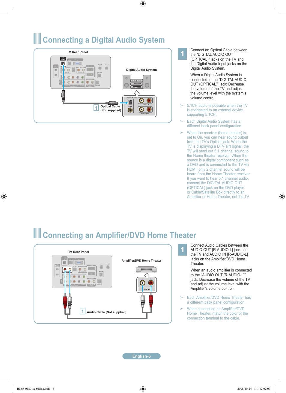 Connecting a digital audio system, Connecting an amplifier/dvd home theater | Samsung LN32A620A1FXZA User Manual | Page 6 / 12