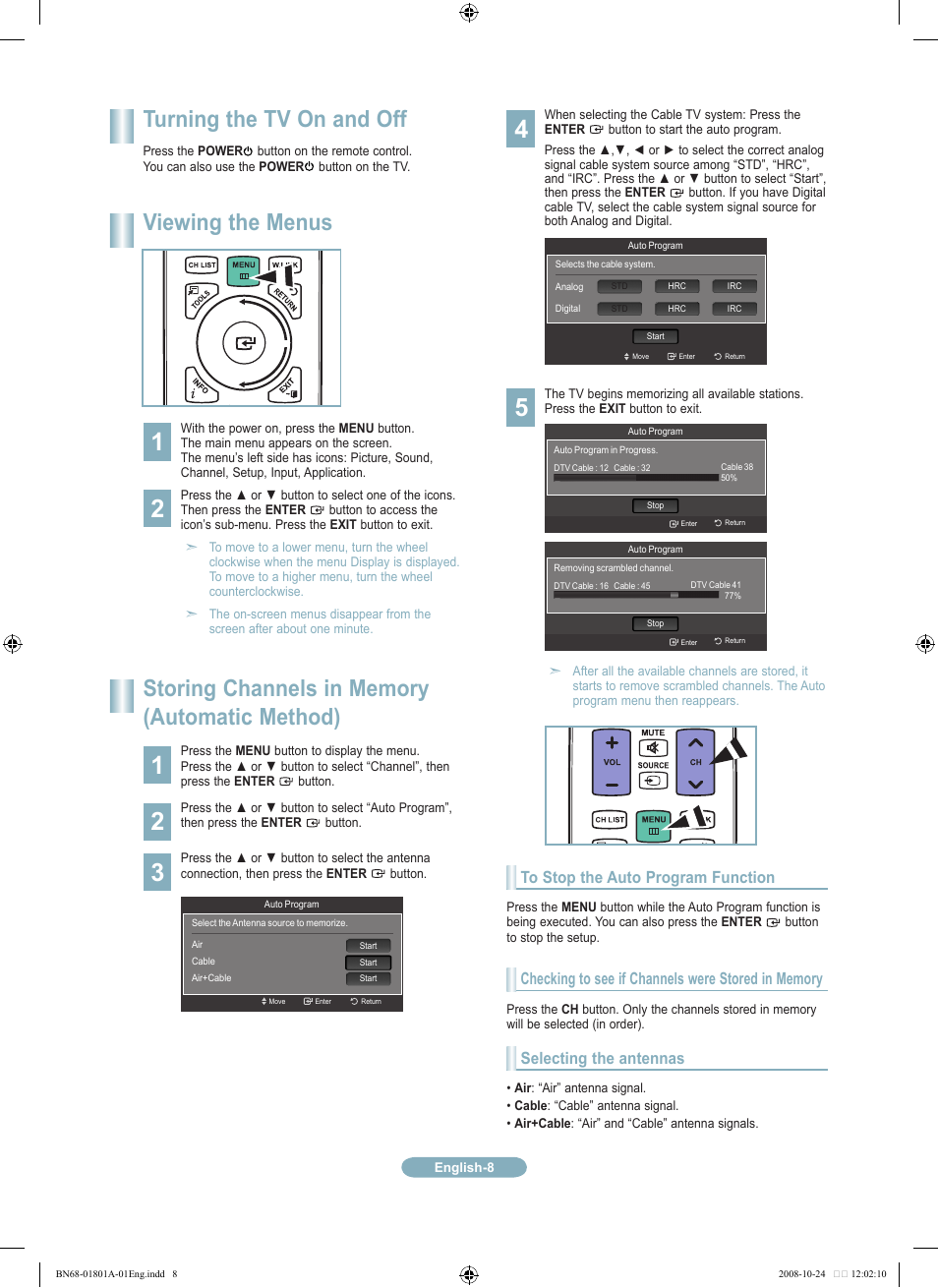 Turning the tv on and off, Viewing the menus | Samsung LN32A620A1FXZA User Manual | Page 8 / 12