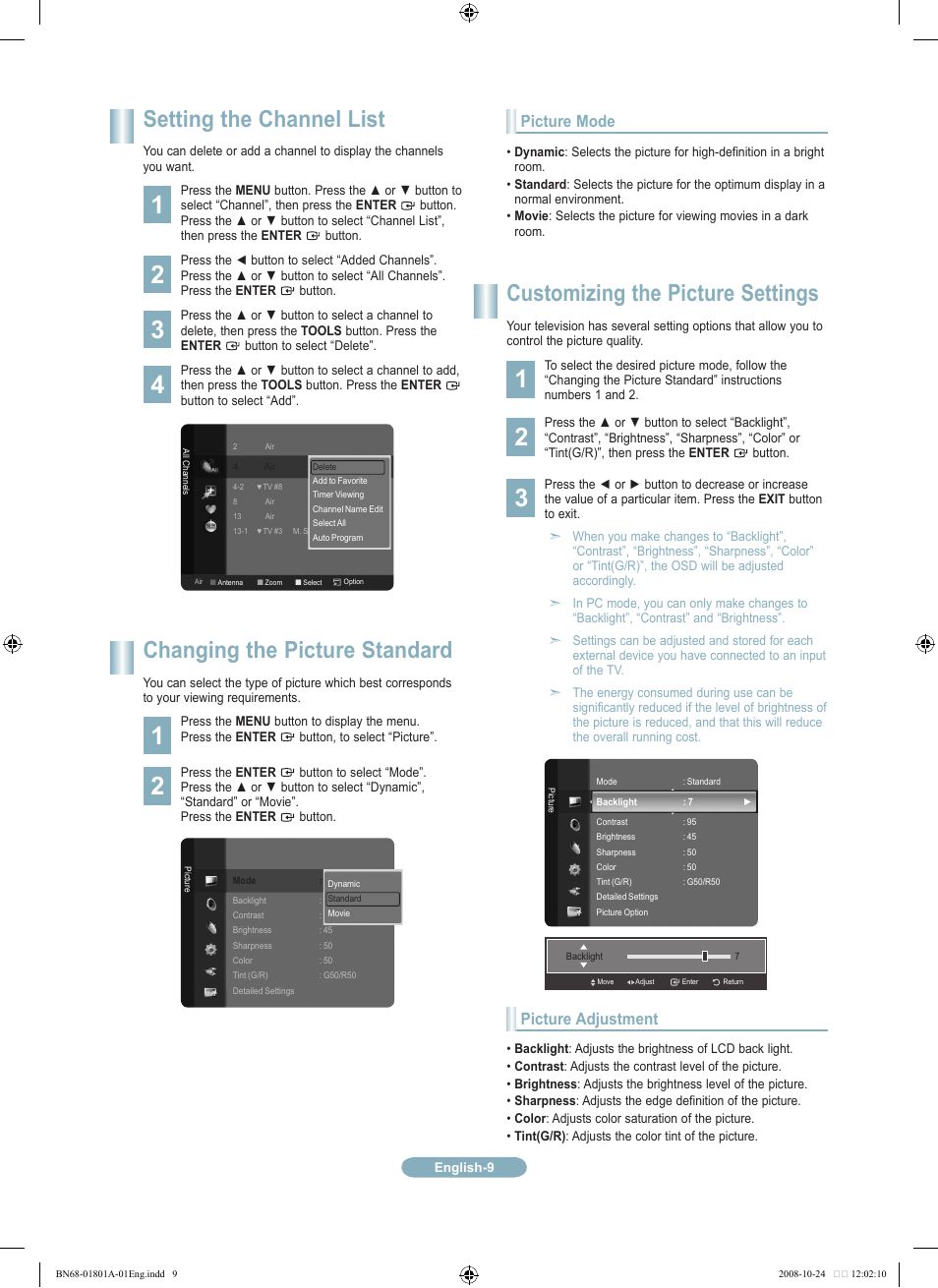 Setting the channel list, Changing the picture standard, Customizing the picture settings | Picture mode, Picture adjustment | Samsung LN32A620A1FXZA User Manual | Page 9 / 12