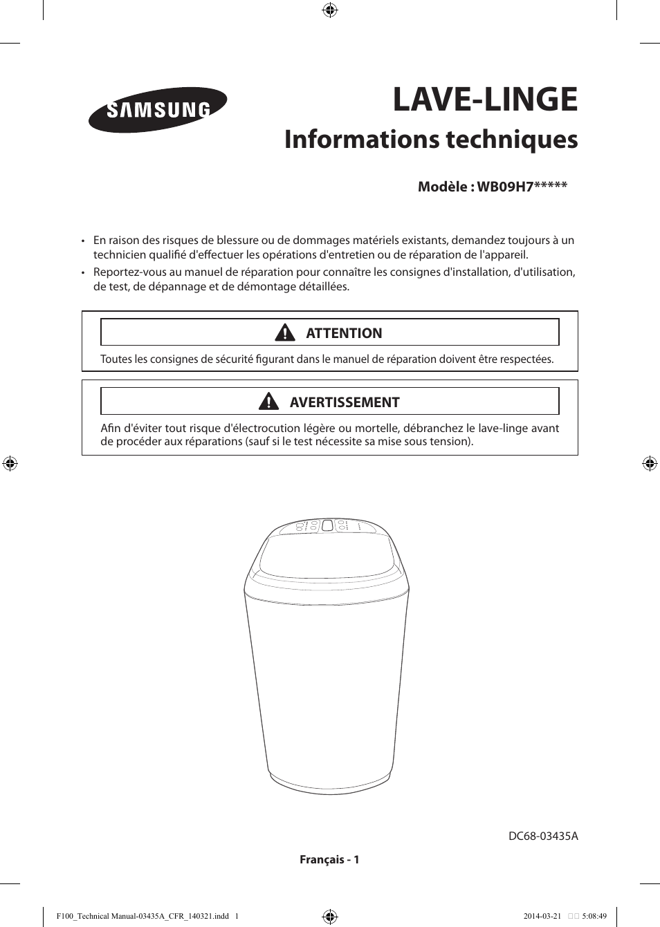 Lave-linge, Informations techniques | Samsung WB09H7300GP-A1 User Manual | Page 13 / 36