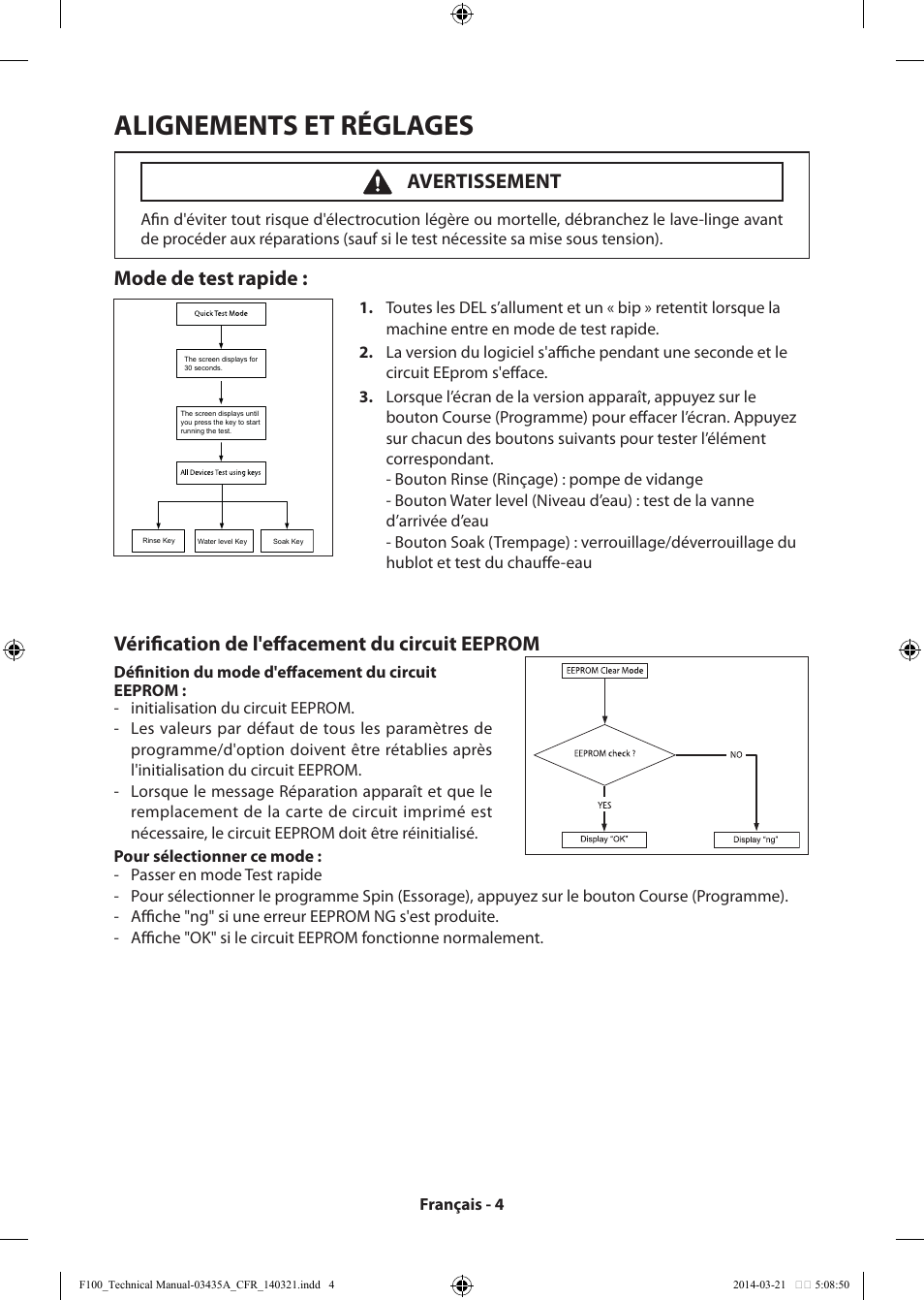 Alignements et réglages, Mode de test rapide, Vérification de l'effacement du circuit eeprom | Avertissement | Samsung WB09H7300GP-A1 User Manual | Page 16 / 36