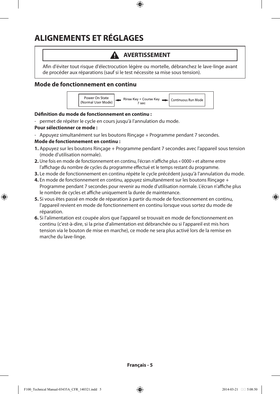 Alignements et réglages, Mode de fonctionnement en continu, Avertissement | Samsung WB09H7300GP-A1 User Manual | Page 17 / 36