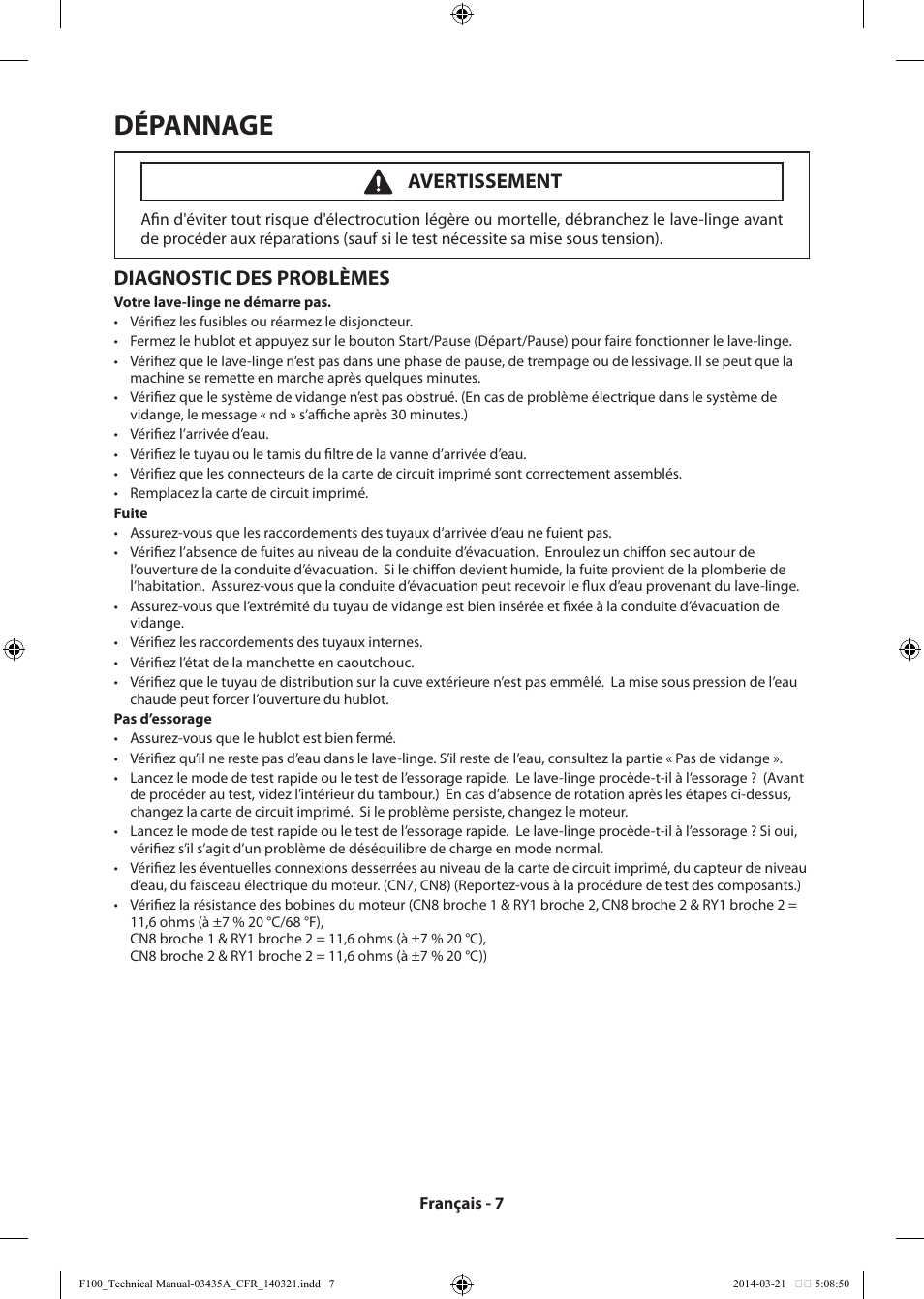 Dépannage, Diagnostic des problèmes, Avertissement | Samsung WB09H7300GP-A1 User Manual | Page 19 / 36