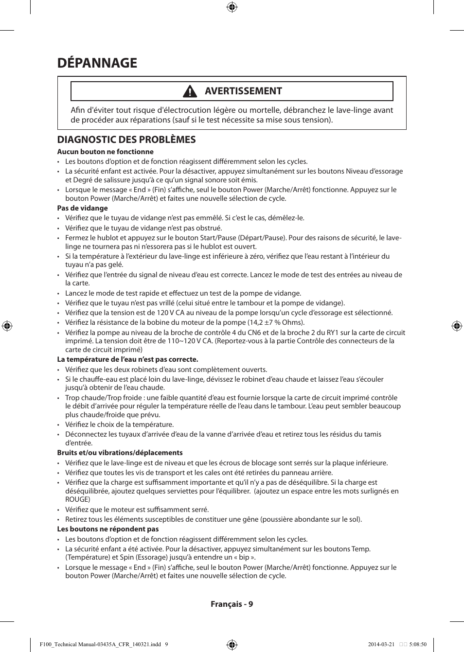 Dépannage, Diagnostic des problèmes, Avertissement | Samsung WB09H7300GP-A1 User Manual | Page 21 / 36