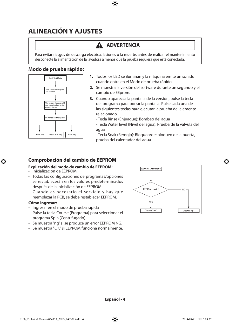 Alineación y ajustes, Modo de prueba rápido, Comprobación del cambio de eeprom | Advertencia | Samsung WB09H7300GP-A1 User Manual | Page 28 / 36