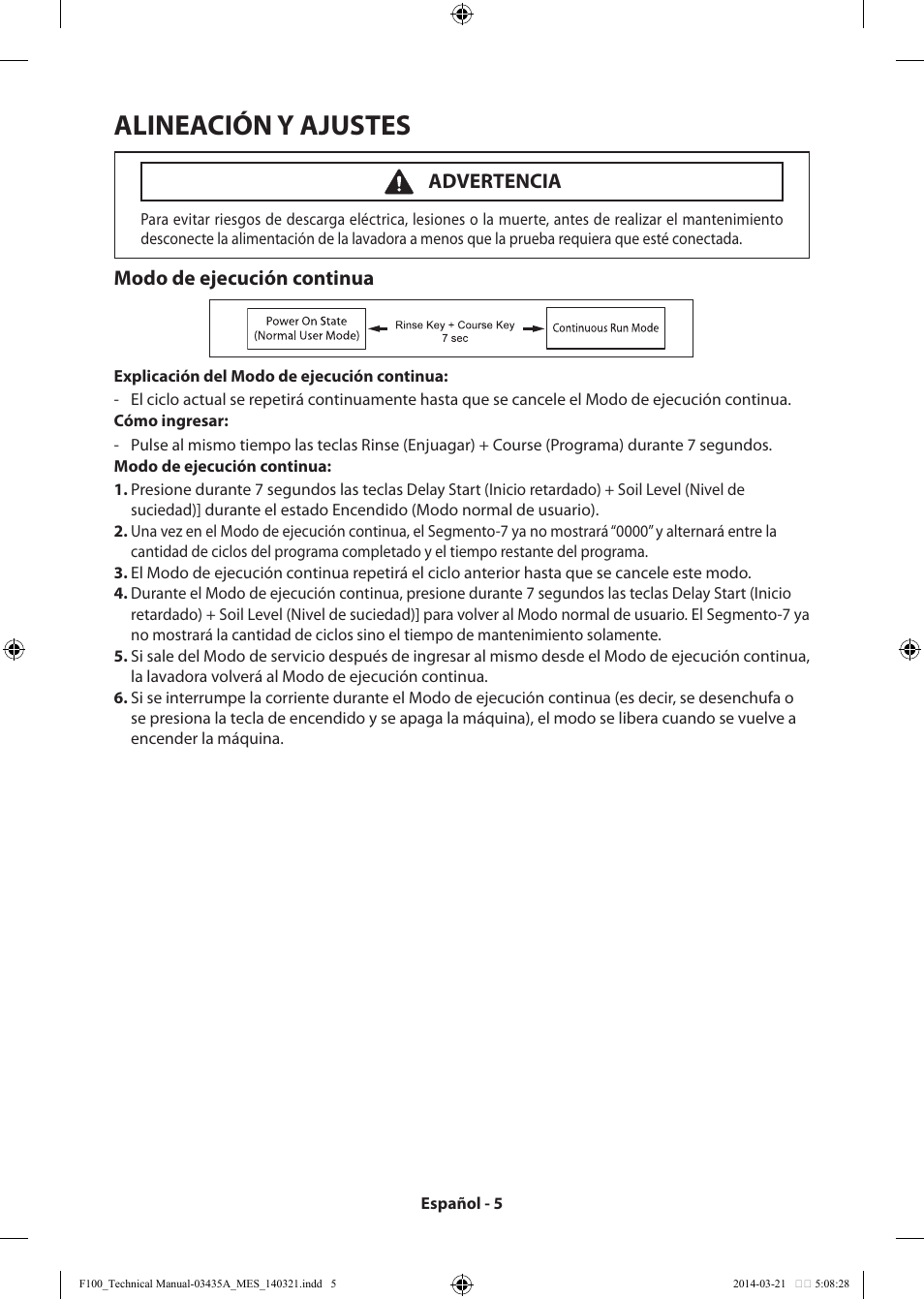 Alineación y ajustes, Modo de ejecución continua, Advertencia | Samsung WB09H7300GP-A1 User Manual | Page 29 / 36