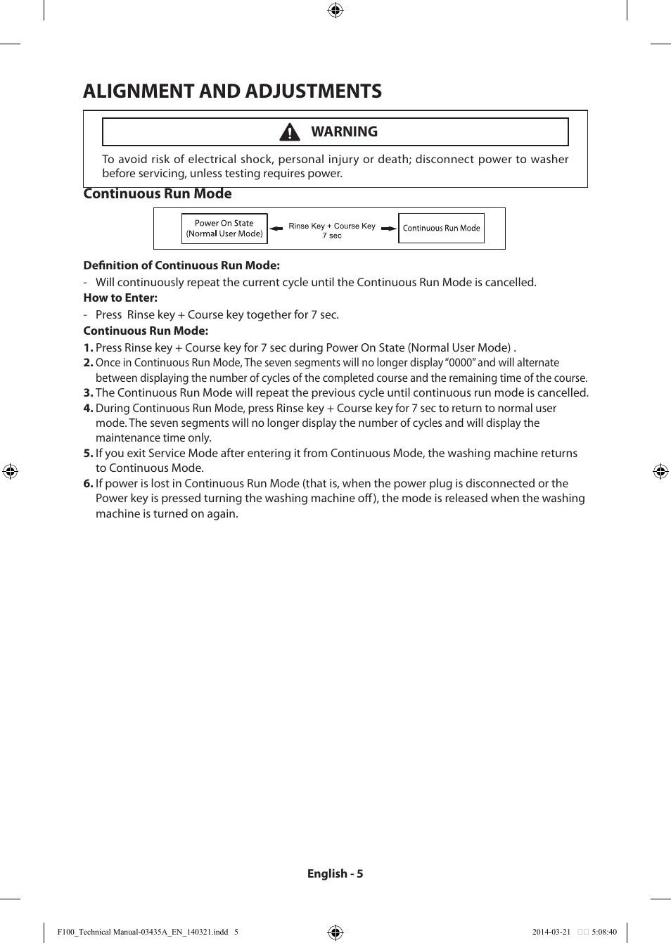 Alignment and adjustments, Continuous run mode, Warning | Samsung WB09H7300GP-A1 User Manual | Page 5 / 36