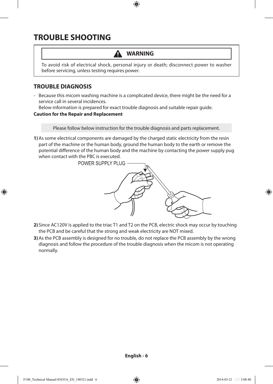 Trouble shooting, Trouble diagnosis, Warning | Samsung WB09H7300GP-A1 User Manual | Page 6 / 36