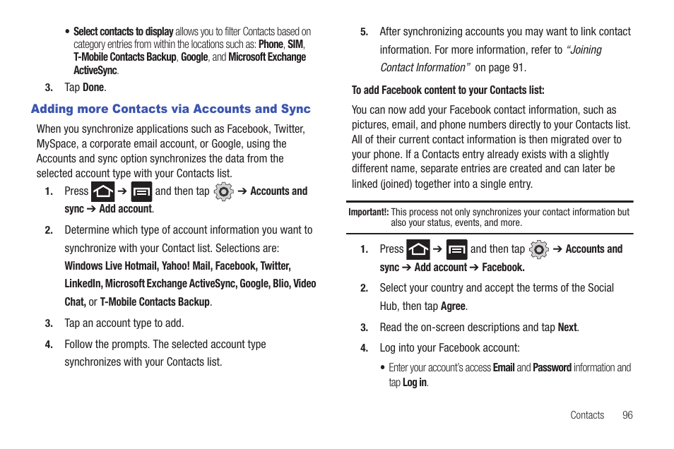 Adding more contacts via accounts and sync | Samsung SGH-T989AABTMB User Manual | Page 101 / 278