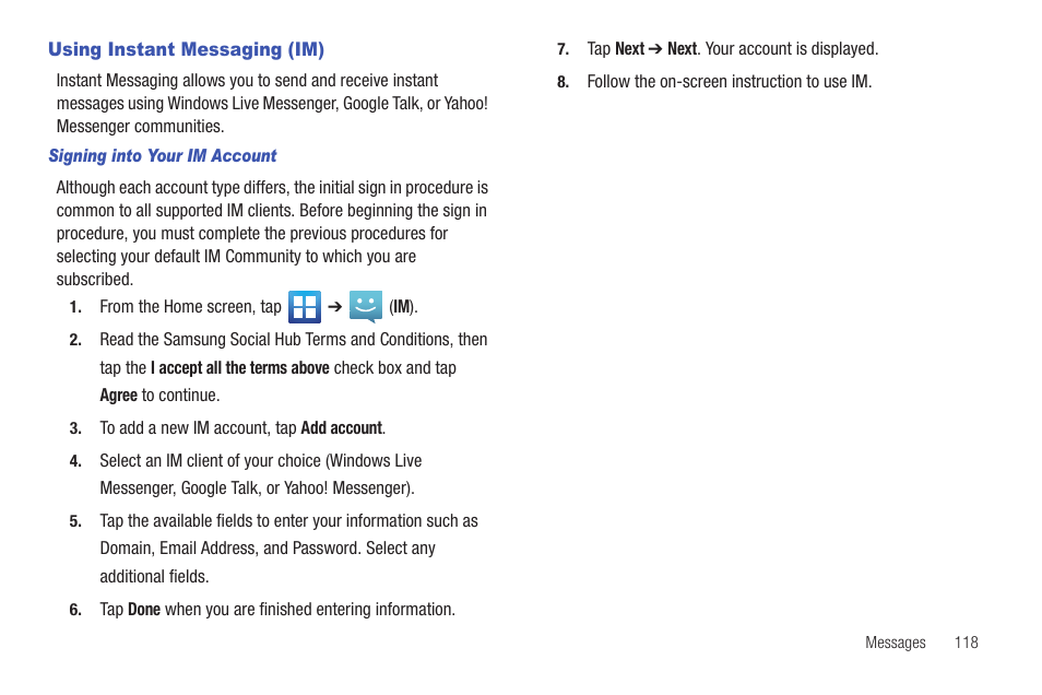 Using instant messaging (im) | Samsung SGH-T989AABTMB User Manual | Page 123 / 278