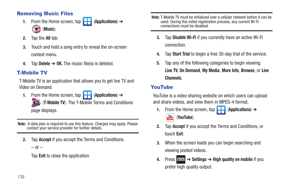 Removing music files, T-mobile tv, Youtube | Removing music files t-mobile tv youtube | Samsung SGH-T989AABTMB User Manual | Page 144 / 278