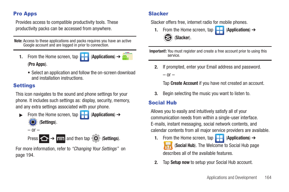 Pro apps, Settings, Slacker | Social hub, Pro apps settings slacker social hub | Samsung SGH-T989AABTMB User Manual | Page 169 / 278