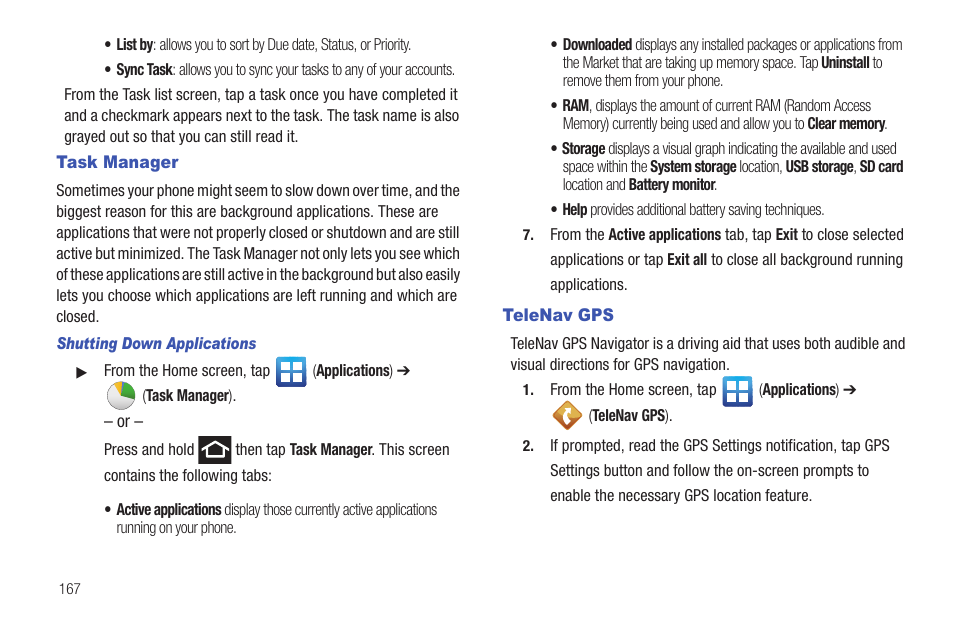 Task manager, Telenav gps | Samsung SGH-T989AABTMB User Manual | Page 172 / 278