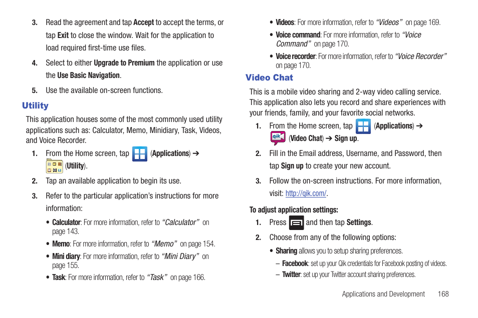 Utility, Video chat, Utility video chat | Samsung SGH-T989AABTMB User Manual | Page 173 / 278