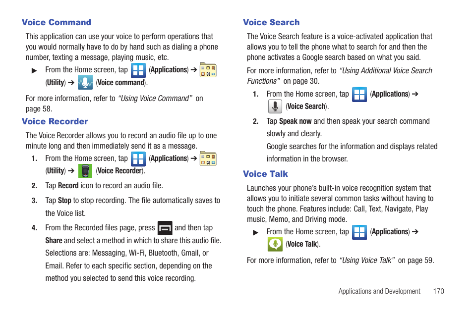 Voice command, Voice recorder, Voice search | Voice talk, For more information, refer to “voice, For more information, refer to “voice recorder | Samsung SGH-T989AABTMB User Manual | Page 175 / 278