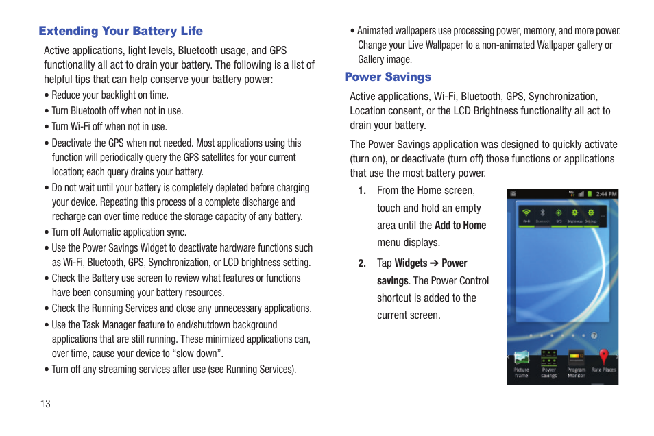 Extending your battery life, Power savings, Extending your battery life power savings | Samsung SGH-T989AABTMB User Manual | Page 18 / 278