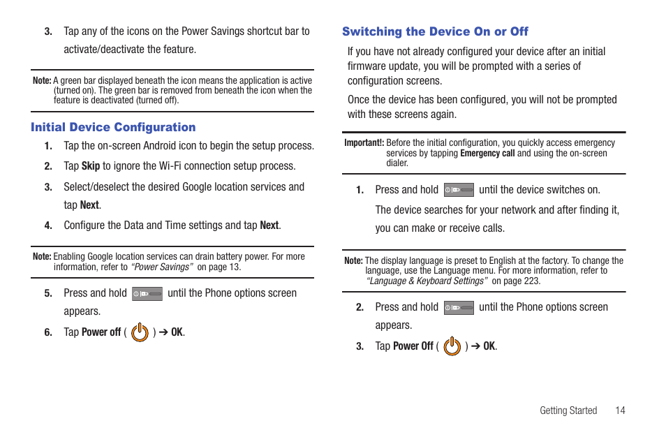 Initial device configuration, Switching the device on or off | Samsung SGH-T989AABTMB User Manual | Page 19 / 278