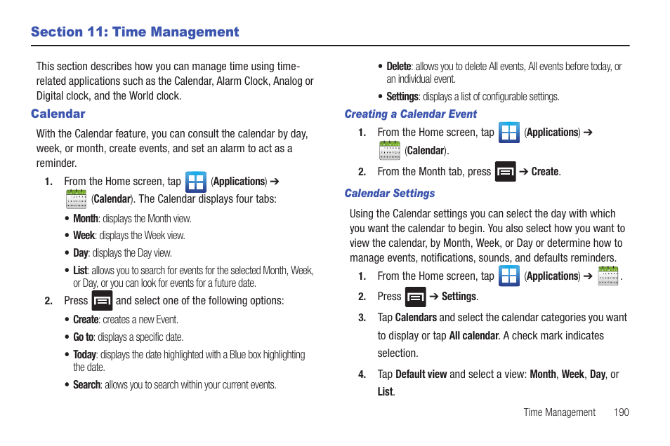 Section 11: time management, Calendar | Samsung SGH-T989AABTMB User Manual | Page 195 / 278