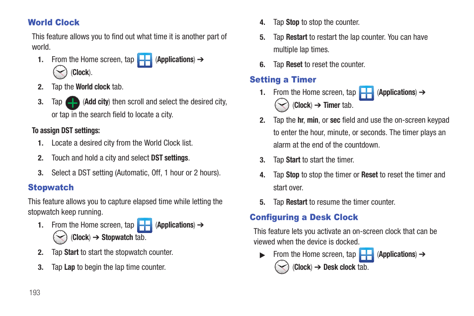 World clock, Stopwatch, Setting a timer | Configuring a desk clock, World clock stopwatch setting a timer | Samsung SGH-T989AABTMB User Manual | Page 198 / 278