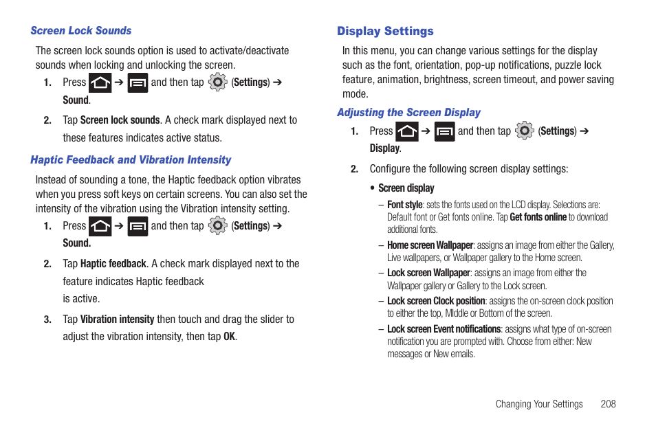 Display settings | Samsung SGH-T989AABTMB User Manual | Page 213 / 278