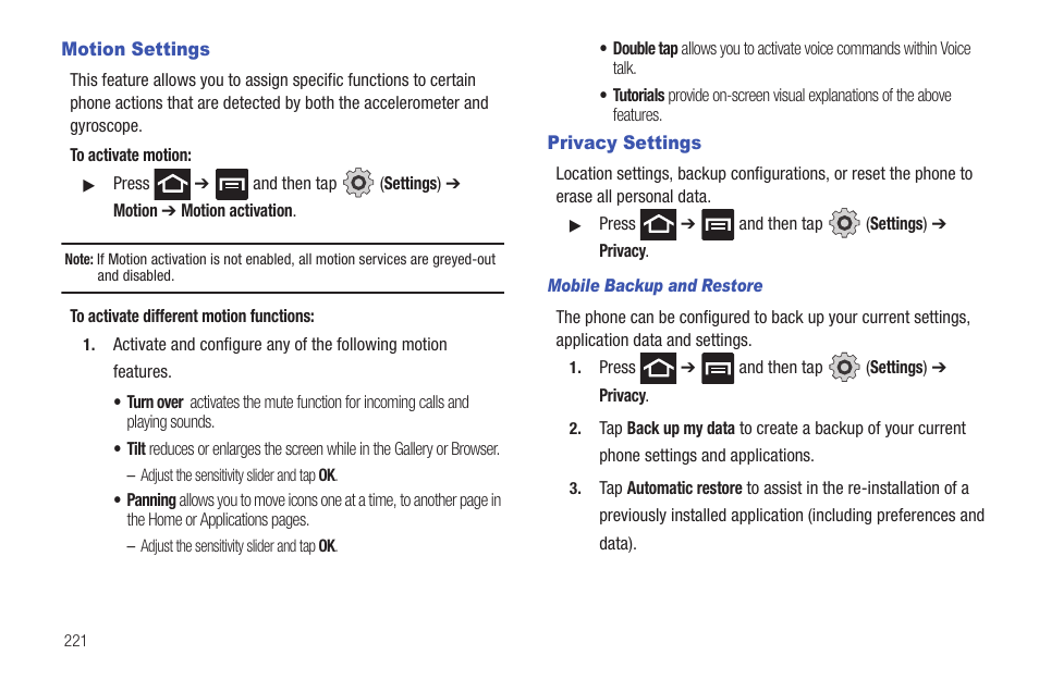 Motion settings, Privacy settings, Motion settings privacy settings | Ure to be active. for more | Samsung SGH-T989AABTMB User Manual | Page 226 / 278