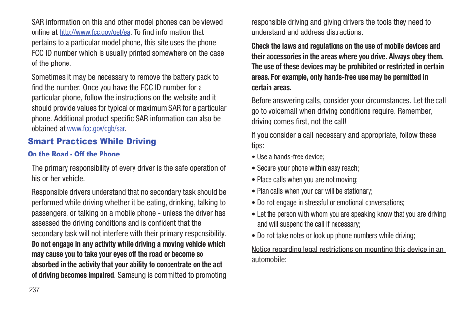 Smart practices while driving | Samsung SGH-T989AABTMB User Manual | Page 242 / 278