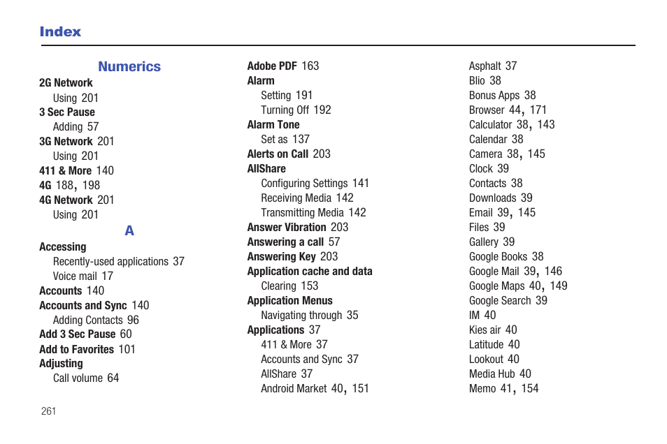 Index | Samsung SGH-T989AABTMB User Manual | Page 266 / 278