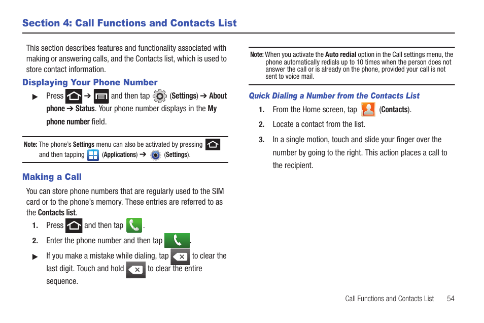 Section 4: call functions and contacts list, Displaying your phone number, Making a call | Displaying your phone number making a call | Samsung SGH-T989AABTMB User Manual | Page 59 / 278