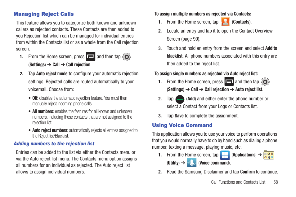 Managing reject calls, Using voice command, Managing reject calls using voice command | Samsung SGH-T989AABTMB User Manual | Page 63 / 278