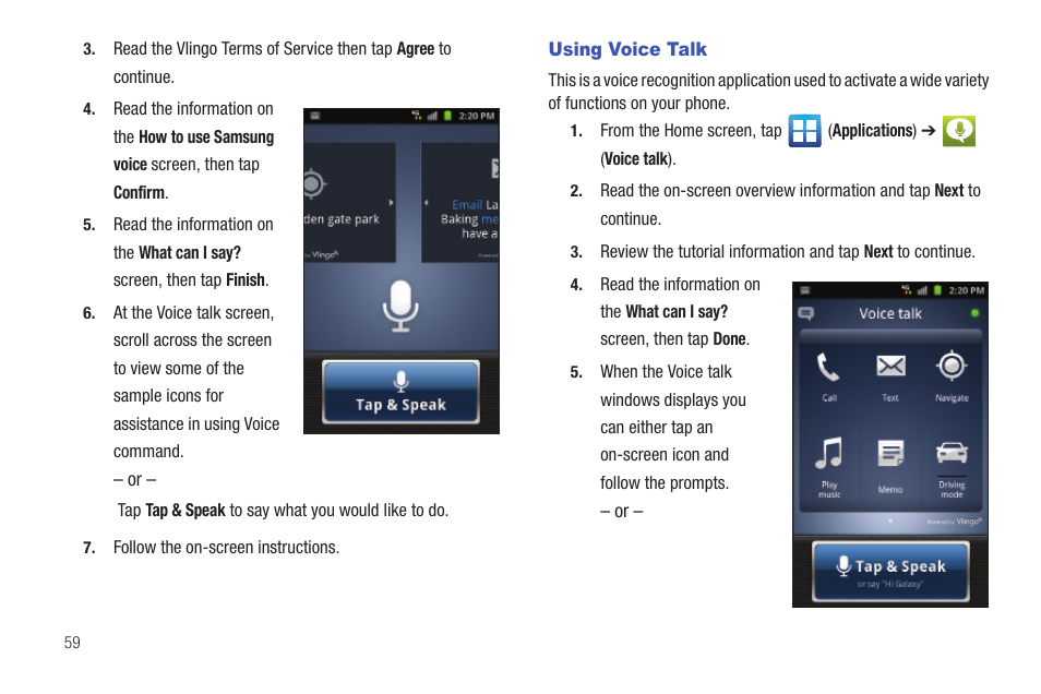 Using voice talk | Samsung SGH-T989AABTMB User Manual | Page 64 / 278