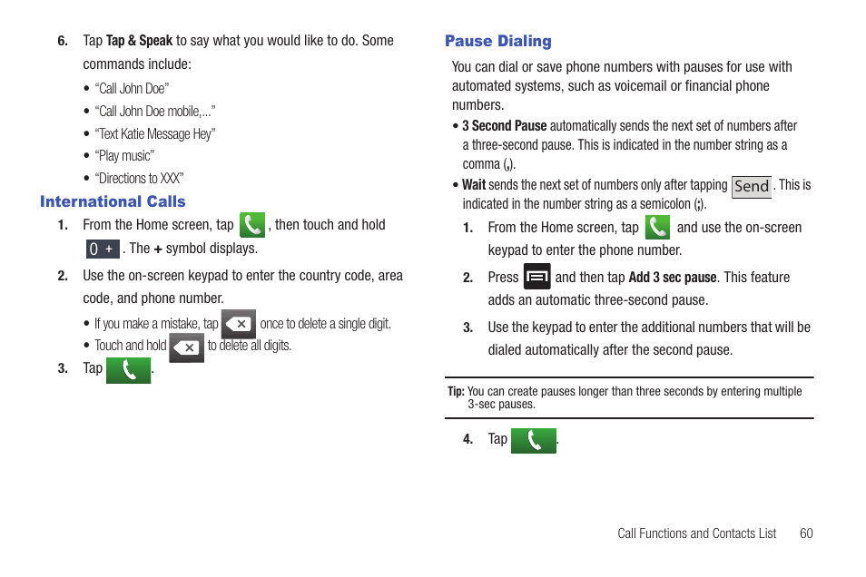 International calls, Pause dialing, International calls pause dialing | Samsung SGH-T989AABTMB User Manual | Page 65 / 278