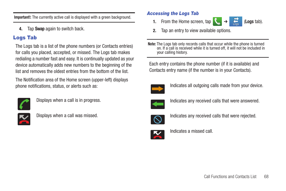 Logs tab | Samsung SGH-T989AABTMB User Manual | Page 73 / 278