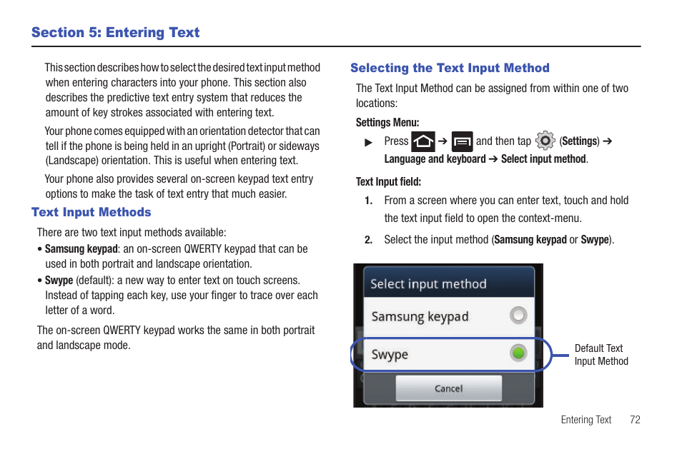 Section 5: entering text, Text input methods, Selecting the text input method | Text input methods selecting the text input method | Samsung SGH-T989AABTMB User Manual | Page 77 / 278