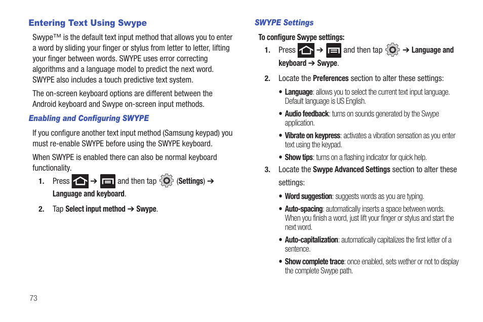Entering text using swype | Samsung SGH-T989AABTMB User Manual | Page 78 / 278