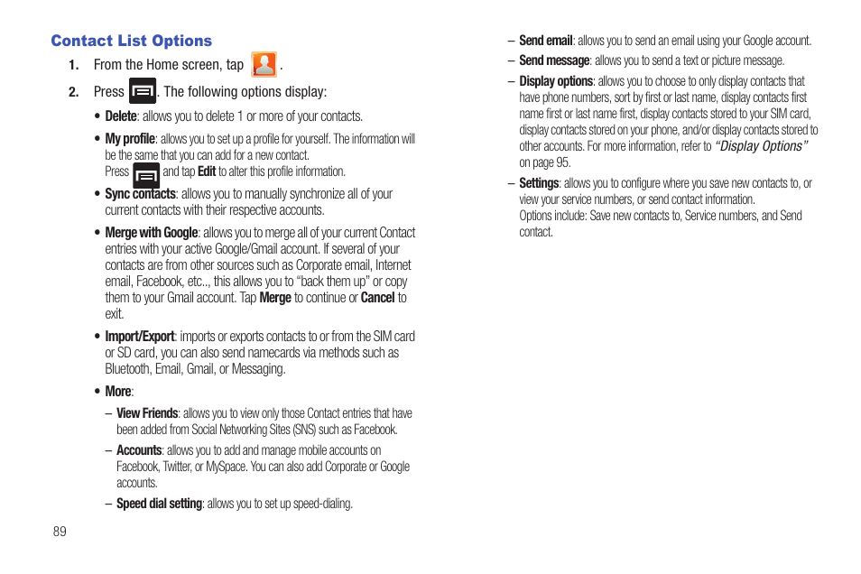 Contact list options | Samsung SGH-T989AABTMB User Manual | Page 94 / 278