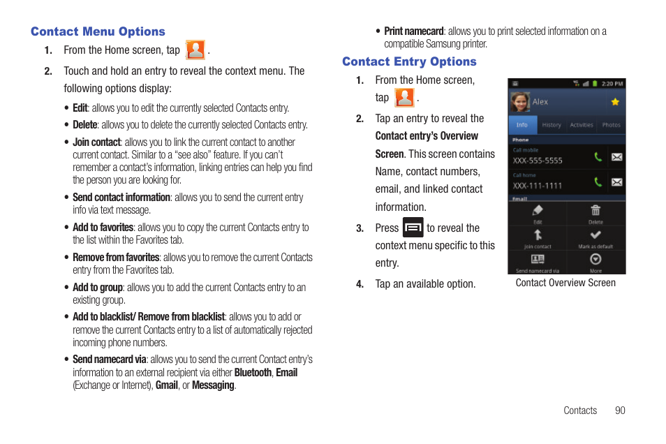 Contact menu options, Contact entry options, Contact menu options contact entry options | Samsung SGH-T989AABTMB User Manual | Page 95 / 278