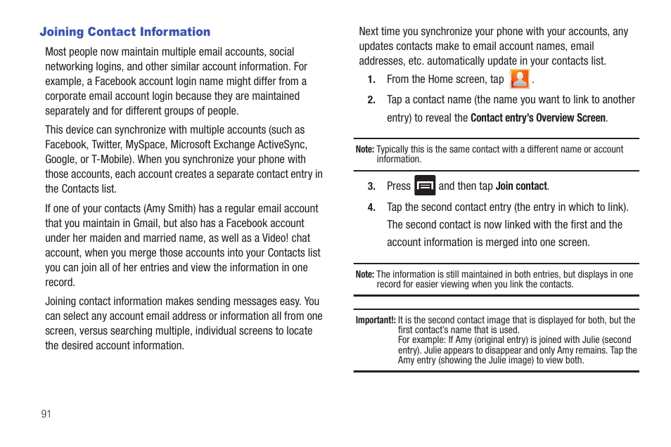 Joining contact information | Samsung SGH-T989AABTMB User Manual | Page 96 / 278