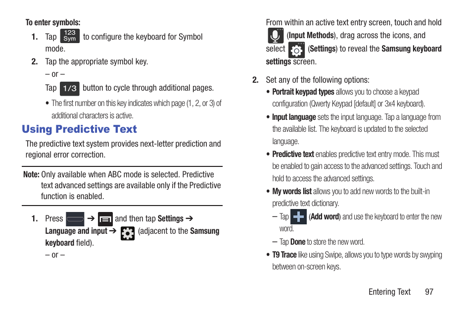 Using predictive text | Samsung SGH-T999MBATMB User Manual | Page 103 / 378