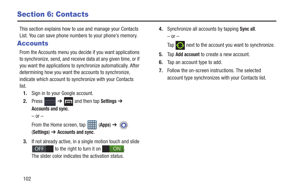 Section 6: contacts, Accounts | Samsung SGH-T999MBATMB User Manual | Page 108 / 378